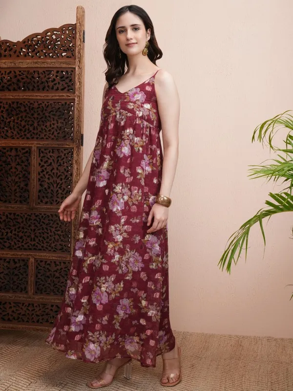 Vishudh Women Maroon Printed Fit and Flare Dress