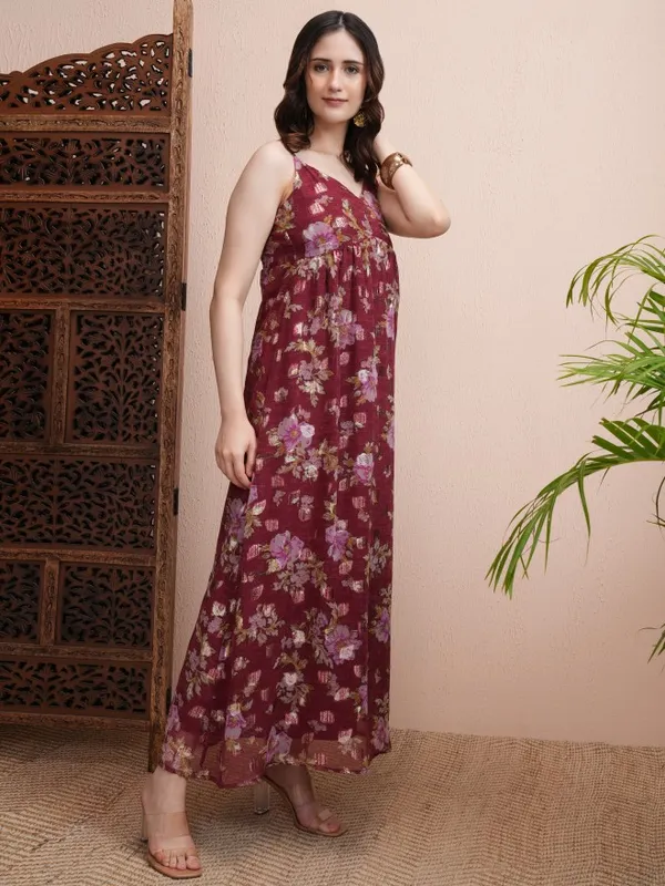 Vishudh Women Maroon Printed Fit and Flare Dress