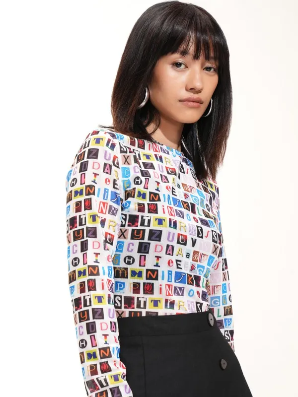 Tokyo Talkies Women White Printed Fitted Top