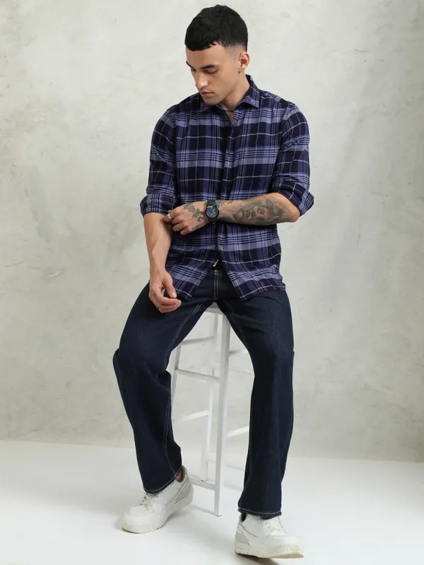 Highlander Men Blue Checked Regular Fit Casual Shirt