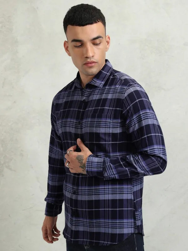 Highlander Men Blue Checked Regular Fit Casual Shirt