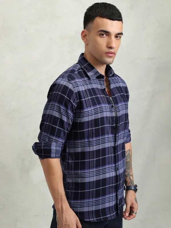 Highlander Men Blue Checked Regular Fit Casual Shirt