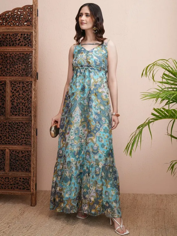 Vishudh Women Blue Printed Fit and Flare Dress