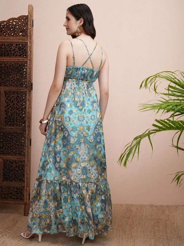 Vishudh Women Blue Printed Fit and Flare Dress