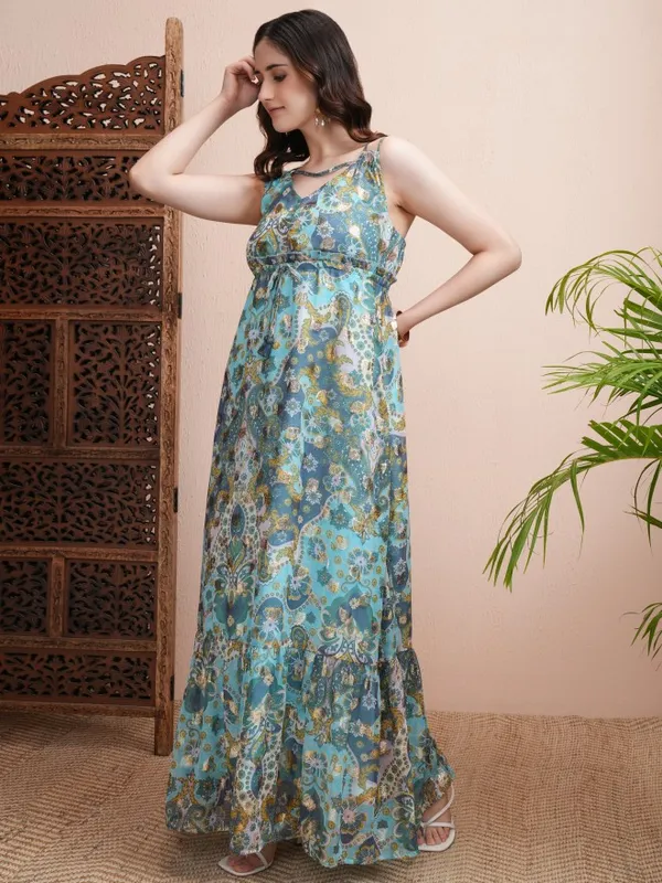 Vishudh Women Blue Printed Fit and Flare Dress