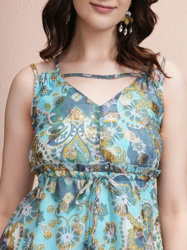 Vishudh Women Blue Printed Fit and Flare Dress
