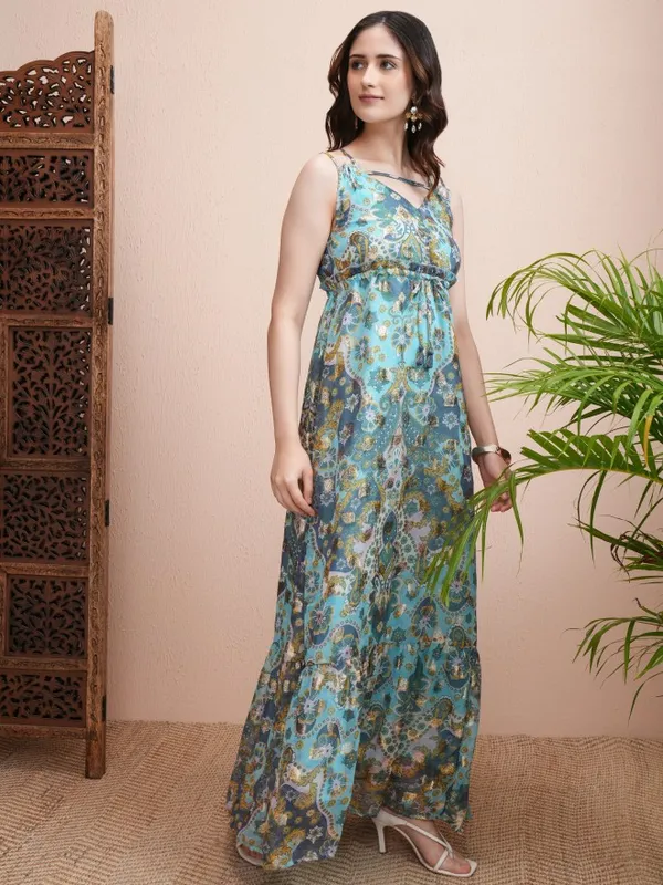 Vishudh Women Blue Printed Fit and Flare Dress