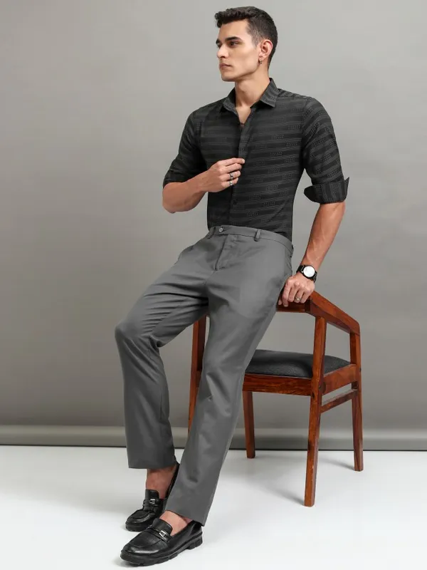 Highlander Men Grey Striped Slim Fit Casual Shirt