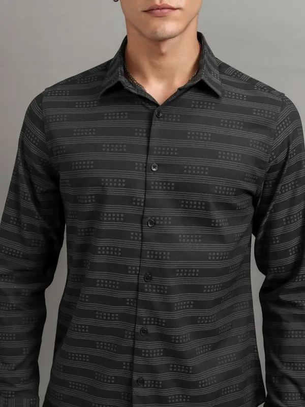 Highlander Men Grey Striped Slim Fit Casual Shirt