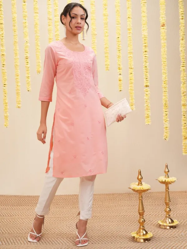 Vishudh Women Peach Embroidered Straight Kurta