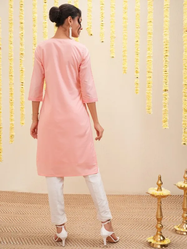 Vishudh Women Peach Embroidered Straight Kurta