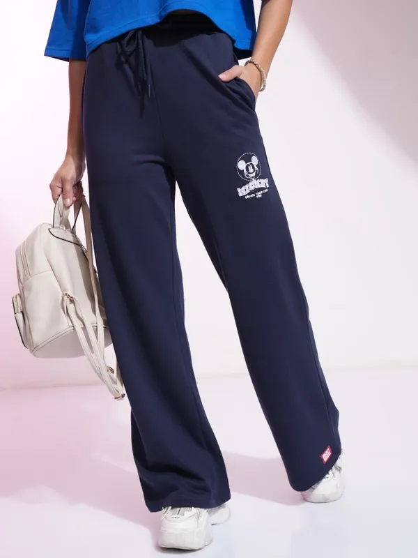 Disney By Tokyo Talkies Women Navy Blue Mickey Mouse Straight Fit Track Pant