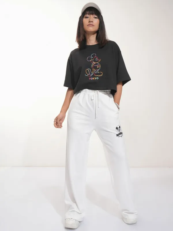 Disney By Tokyo Talkies Women White Mickey Mouse Straight Fit Track Pant
