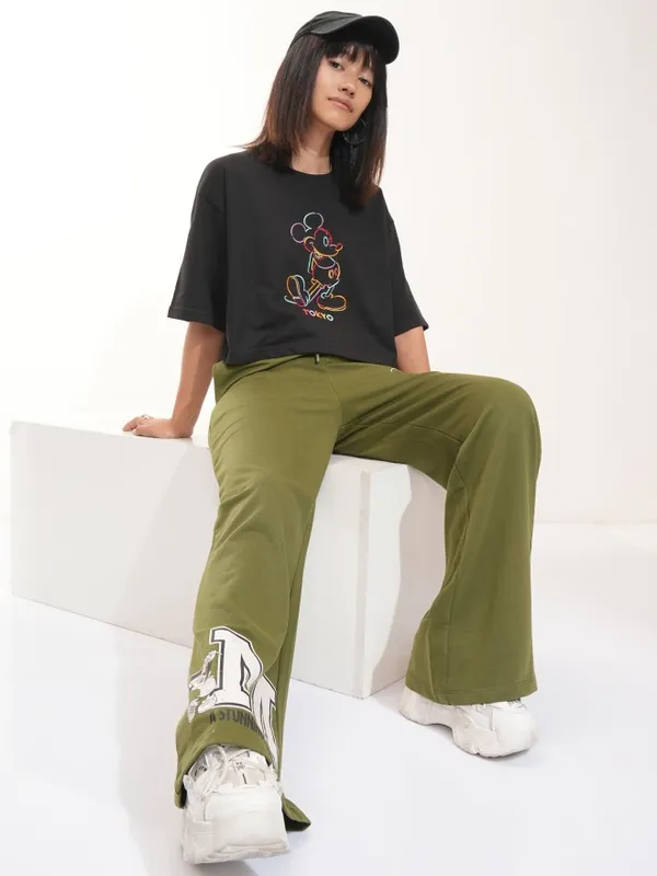 Disney By Tokyo Talkies Women Olive Minnie Mouse Printed Trackpants