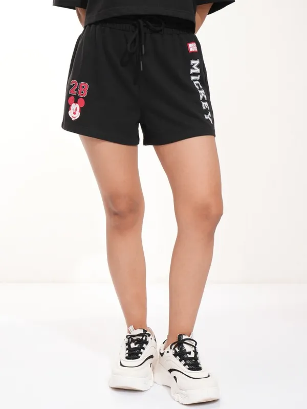 Disney By Tokyo Talkies Women Black Mickey Mouse Relaxed Fit Shorts