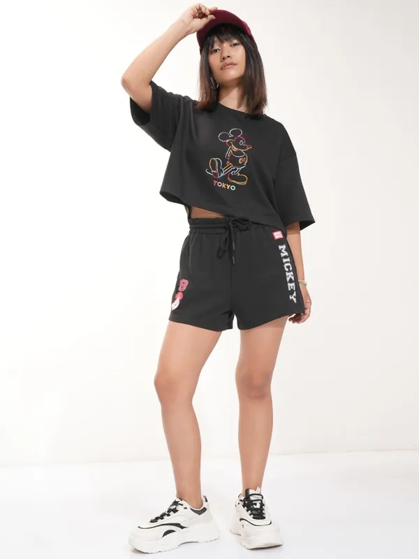 Disney By Tokyo Talkies Women Black Mickey Mouse Relaxed Fit Shorts