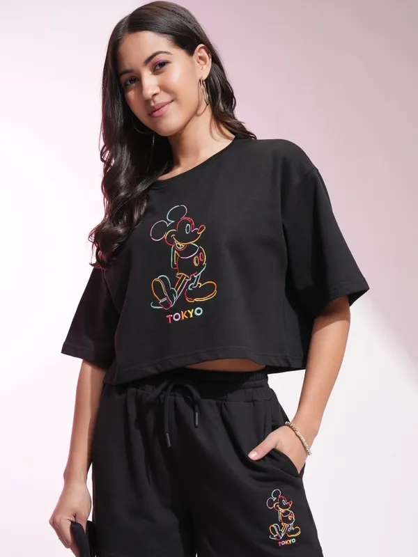 Disney By Tokyo Talkies Women Black Mickey Mouse T-Shirt With Shorts Co-Ords