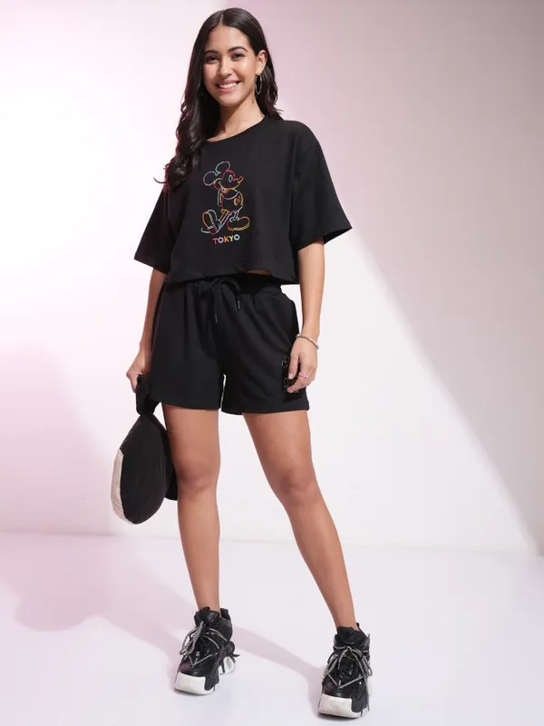 Disney By Tokyo Talkies Women Black Mickey Mouse T-Shirt With Shorts Co-Ords