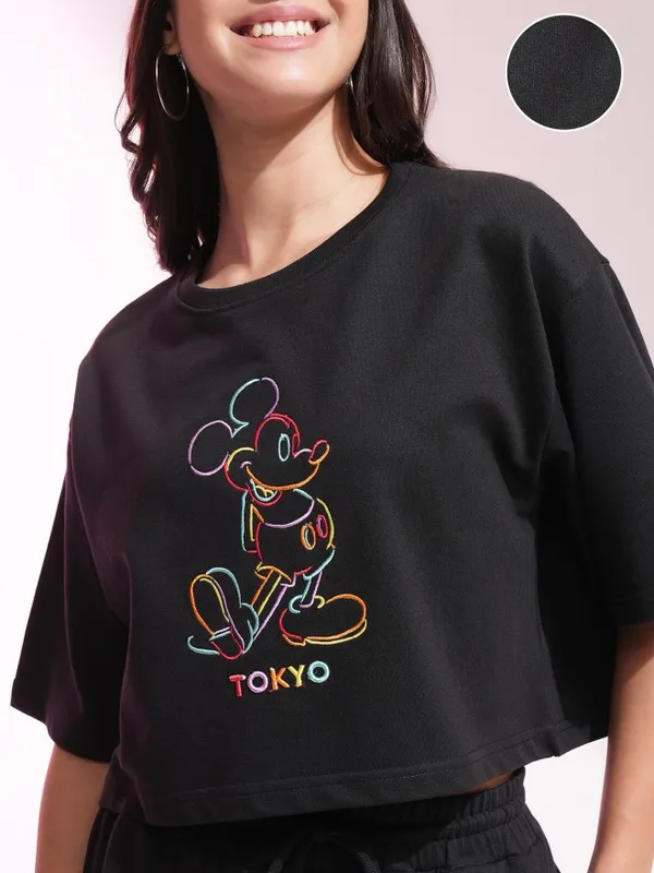 Disney By Tokyo Talkies Women Black Mickey Mouse T-Shirt With Shorts Co-Ords