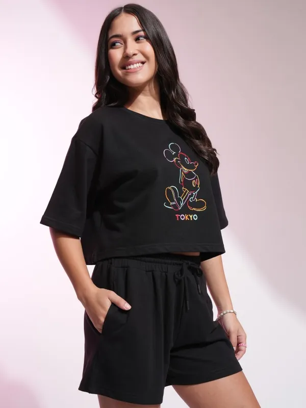 Disney By Tokyo Talkies Women Black Mickey Mouse T-Shirt With Shorts Co-Ords