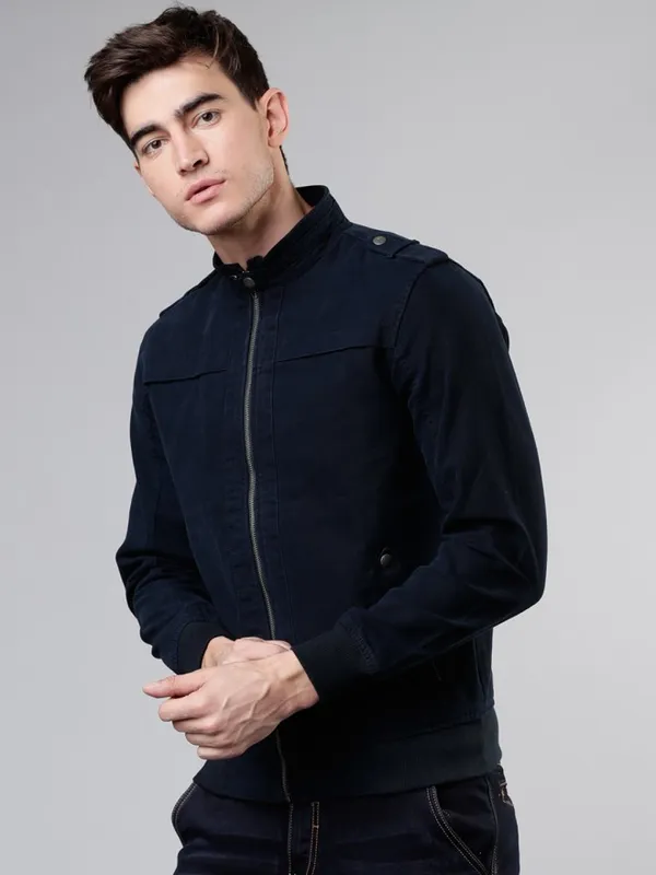 Highlander Men Navy Blue Solid Denim Jacket