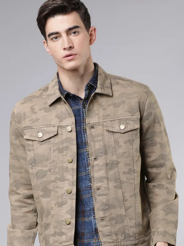 Highlander Men Khaki Solid Denim Jacket