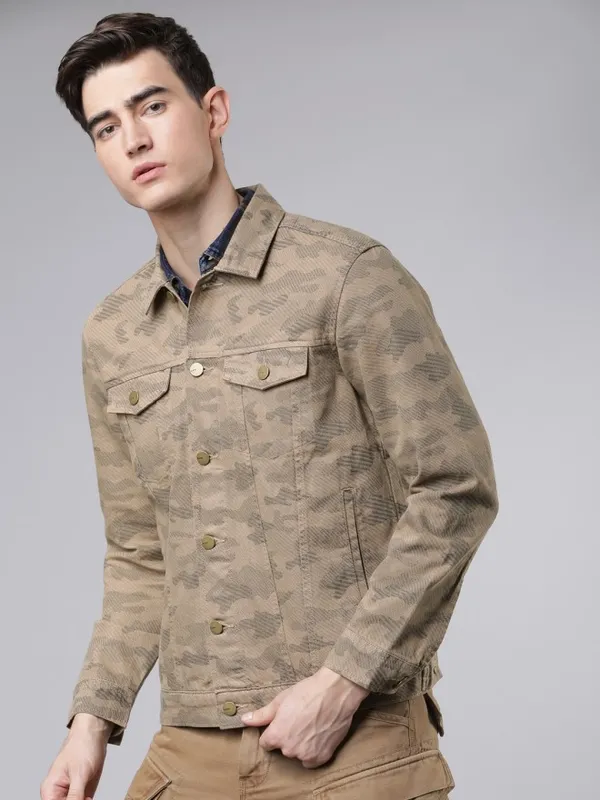 Highlander Men Khaki Solid Denim Jacket