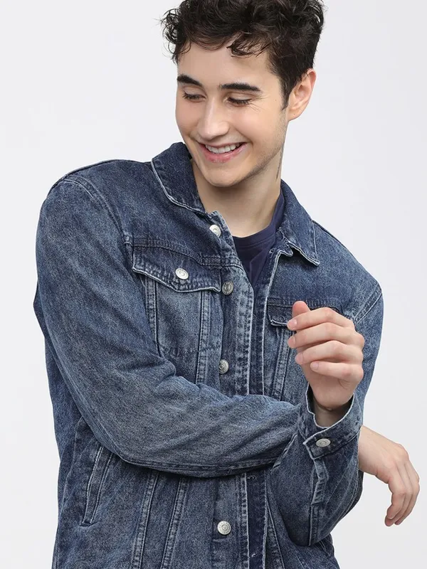 Highlander Men Blue Solid Denim Jacket
