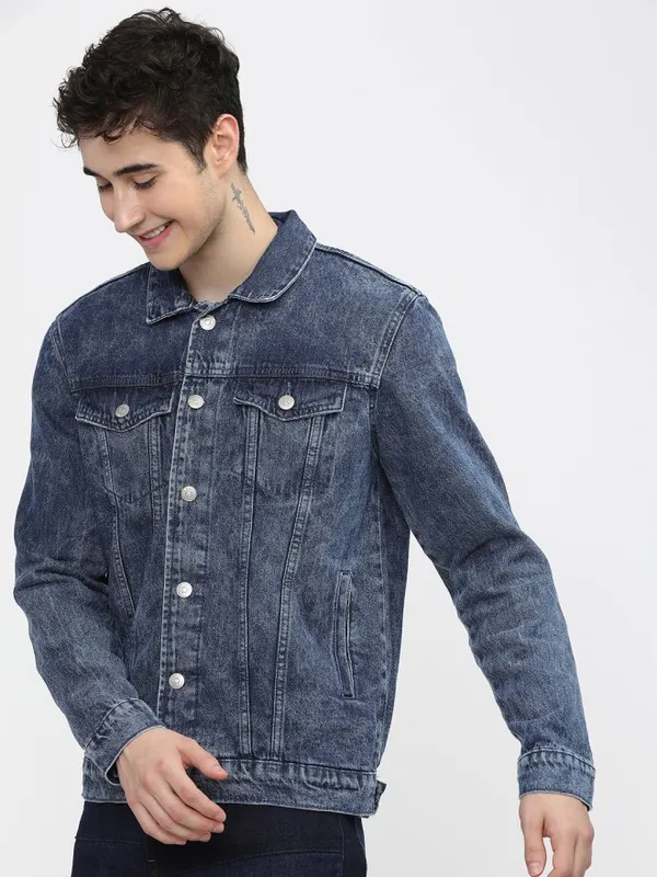 Highlander Men Blue Solid Denim Jacket