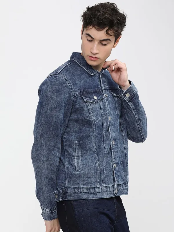Highlander Men Blue Solid Denim Jacket
