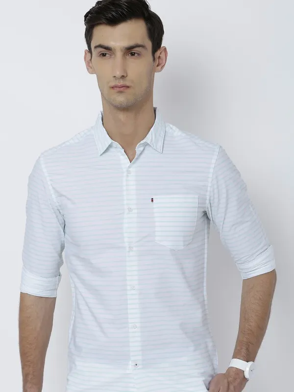 Highlander Men White Striped Slim Fit Casual Shirt