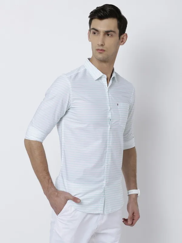 Highlander Men White Striped Slim Fit Casual Shirt