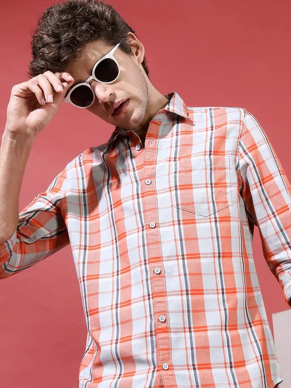Highlander Men Orange Checked Slim Fit Casual Shirt