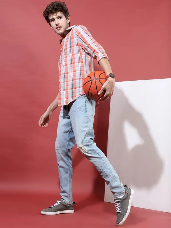 Highlander Men Orange Checked Slim Fit Casual Shirt