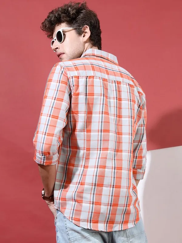 Highlander Men Orange Checked Slim Fit Casual Shirt