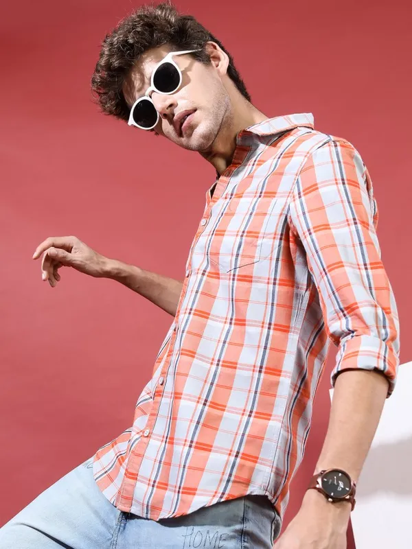 Highlander Men Orange Checked Slim Fit Casual Shirt