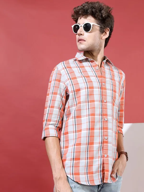Highlander Men Orange Checked Slim Fit Casual Shirt