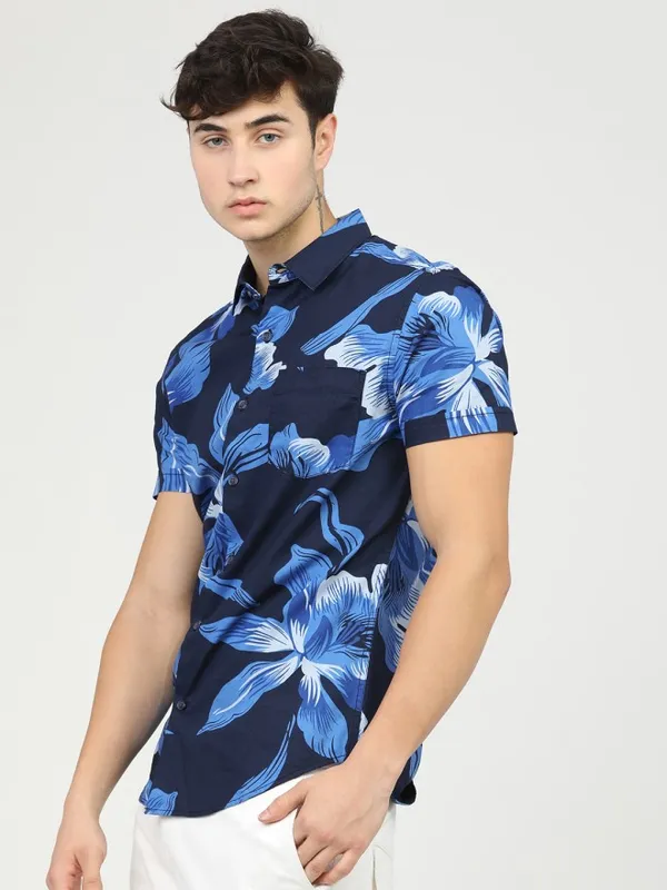Highlander Men Blue Printed Slim Fit Casual Shirt