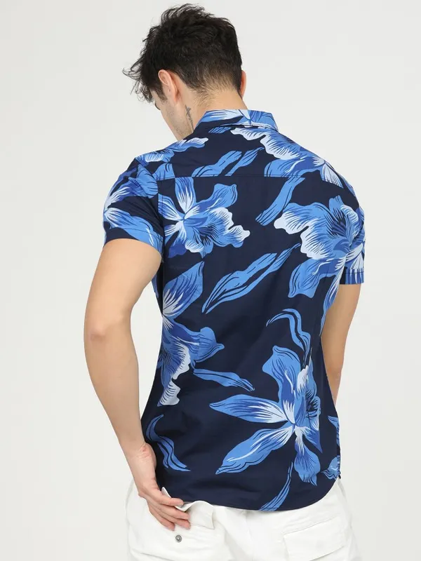 Highlander Men Blue Printed Slim Fit Casual Shirt