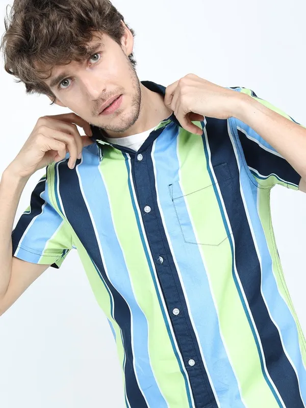 Highlander Men Blue Striped Slim Fit Casual Shirt