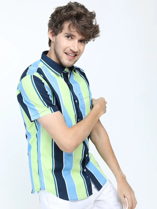 Highlander Men Blue Striped Slim Fit Casual Shirt