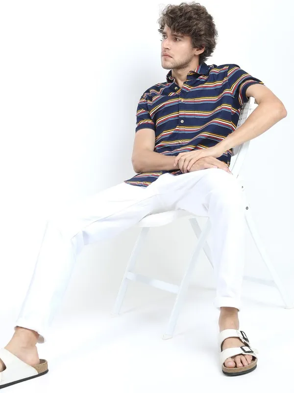 Highlander Men Navy Blue Striped Slim Fit Casual Shirt