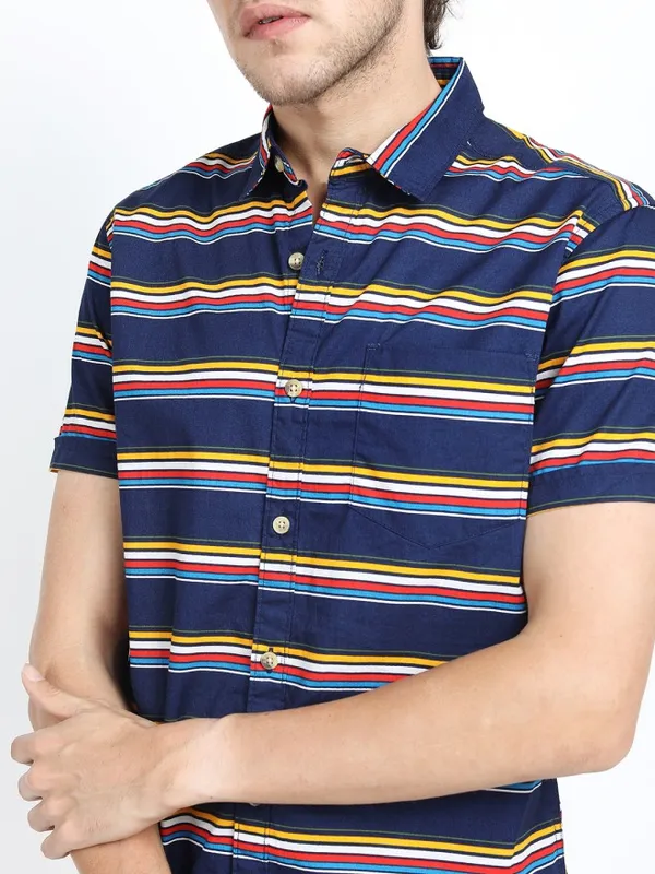 Highlander Men Navy Blue Striped Slim Fit Casual Shirt