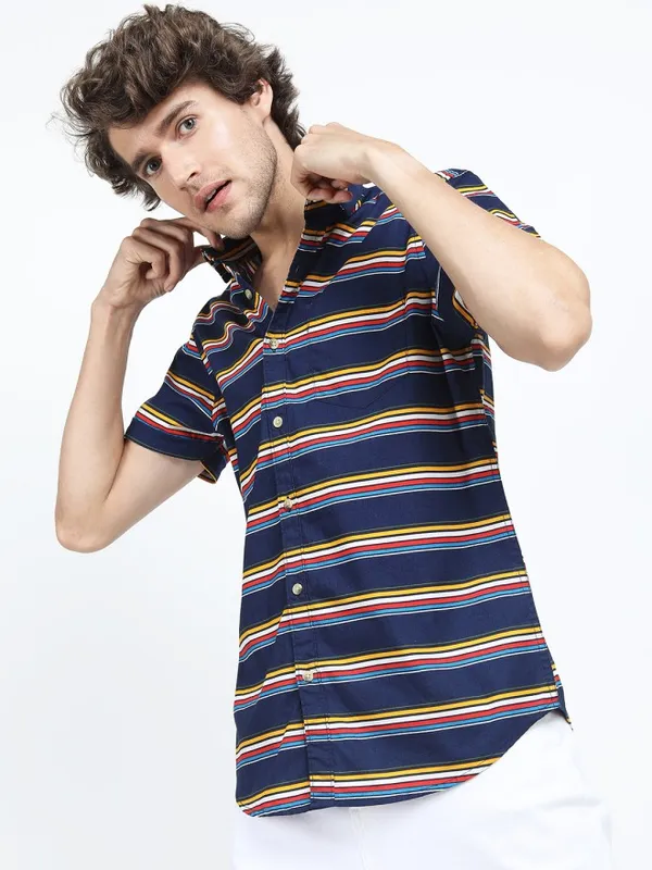 Highlander Men Navy Blue Striped Slim Fit Casual Shirt