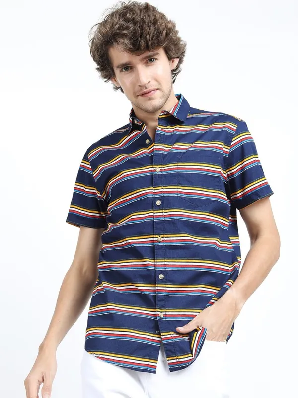 Highlander Men Navy Blue Striped Slim Fit Casual Shirt