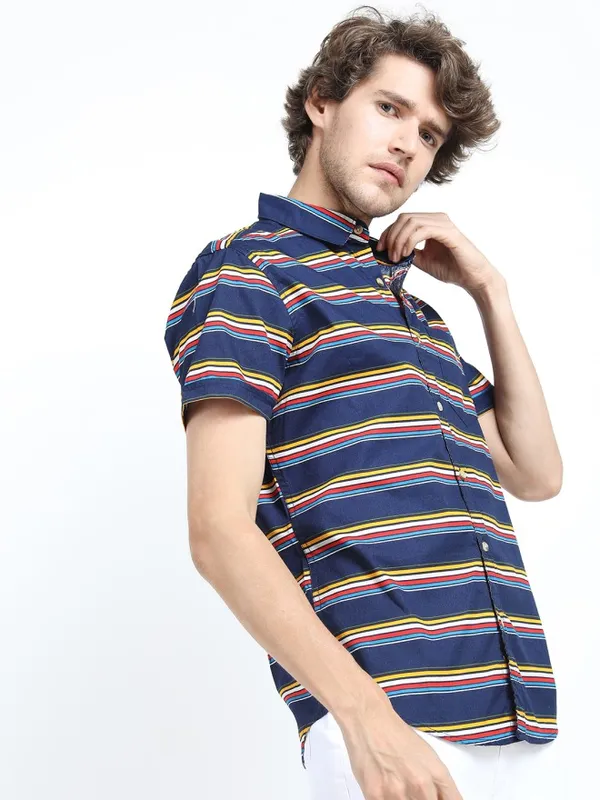 Highlander Men Navy Blue Striped Slim Fit Casual Shirt