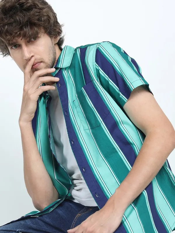 Highlander Men Green Striped Slim Fit Casual Shirt