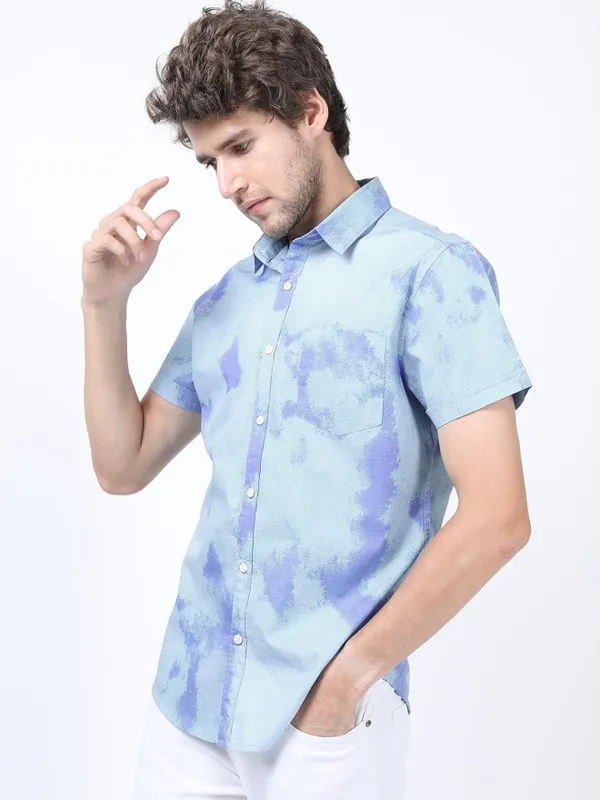 Highlander Men Blue Printed Slim Fit Casual Shirt