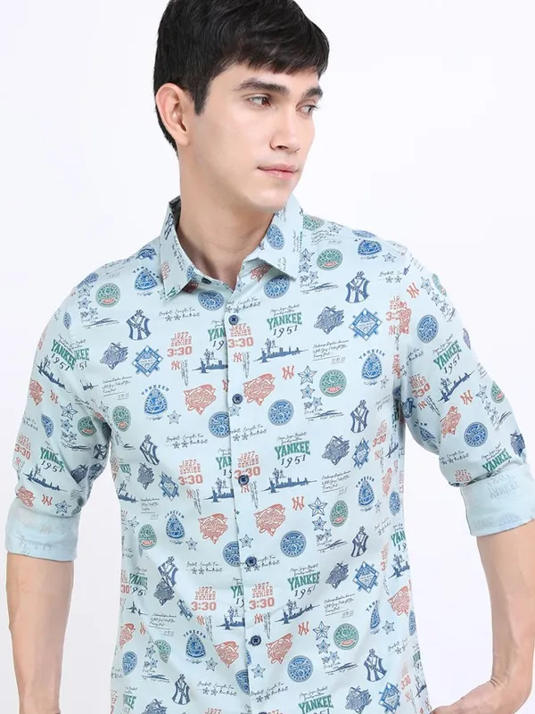 Highlander Men Blue Printed Slim Fit Casual Shirt