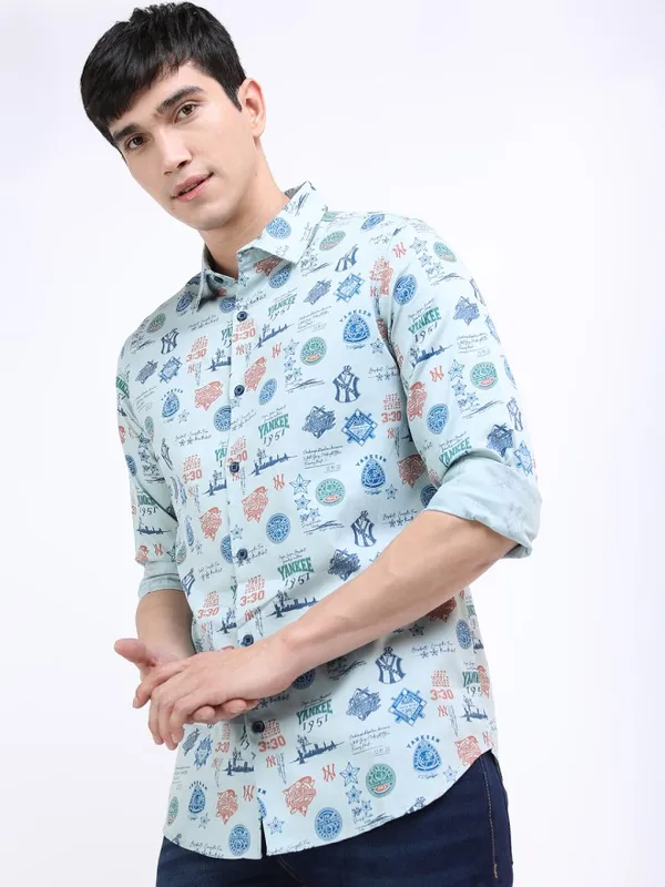 Highlander Men Blue Printed Slim Fit Casual Shirt